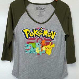 Pokemon Womens V Neck Jersey Size Large Gray and Green